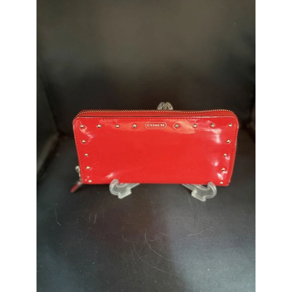 Coach Red Crimson Patent Leather Studded Zip-Around Wallet Glossy Silver